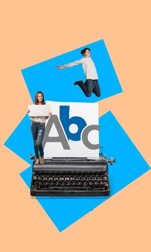 creative collage of funny person and typewriter page
