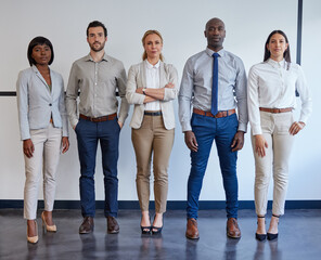 Canvas Print - Portrait, business people and group in office, teamwork and cooperation with partnership, startup and career ambition. About us, employees and consultant in workplace, collaboration and negotiation