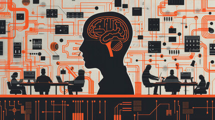 Wall Mural - Illustration featuring a silhouette profile of a human head with a brain circuit board motif, against a backdrop of people working on electronic components.