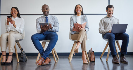 Poster - Recruiting, technology and business people in waiting room for hiring process, career opportunity and writing notes. Queue, happy men and women in lobby for job interview with networking and notebook