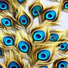 seamless pattern of peacock feathers gold water drops surrealistic illustration