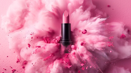 Matte pink lipstick over smashed pink powder background. Lip stick tube is surrounded by explosion of pink powder. Makeup beauty cosmetic luxurious product