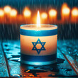 Candle in the rain with the flag of Israel on a dark background