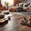 3d render of a living room interior with a sofa and a guitar