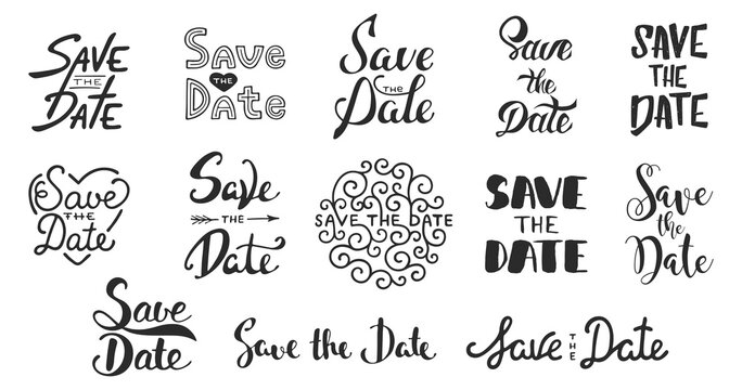 PNG Set of 13 hand drawn typography design element for greeting cards or invitations. Save the date calligraphy phrases. Unique lettering. Vintage templates. 