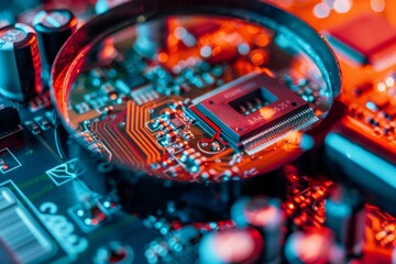 Poster - Detailed close up of computer microchips under magnifying glass with space for text placement