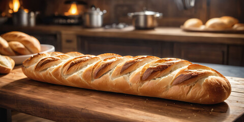 Wall Mural - French Baguette sits on wooden table