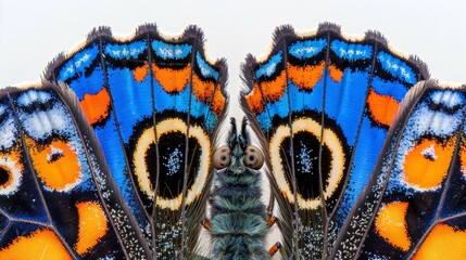 Wall Mural - orange and black wings adorn its expansive, blue-veined ones; blue and orange patterns decorate its wing surfaces