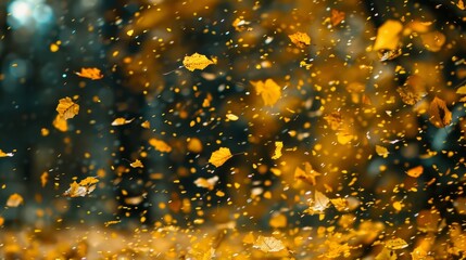 Sticker -  Yellow leaves fluttering through the air on a rainy day against a blurred tree backdrop