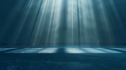 a room featuring a blue floor illuminated by light emerging from the ceiling central to the space, a
