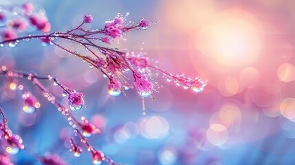 Poster -  A tight shot of a water droplet on a pink-blue plant, with softly blurred background lights