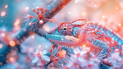 Wall Mural -  A tight shot of a chameleon on a tree branch, surrounded by pink and blue flowers in the foreground