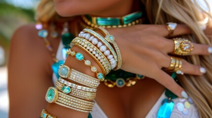  A close-up of a woman's wrist adorned with multiple bracelets