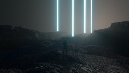 Wall Mural - Businessman standing in rock mountain valley with shine neon light tube. Abstract 3D rendering landscape