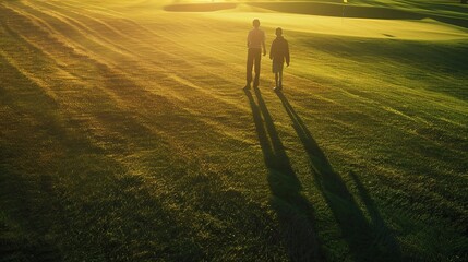 two shadows representing father and son, walking together on a lush golf course.