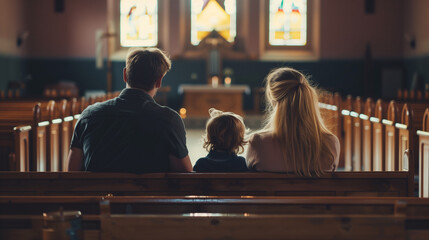 Poster - Family Sits on Pews in Church