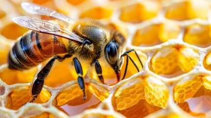 Wall Mural -  A tight shot of a bee on a honeycomb, surrounded by honeybees in the foreground and background