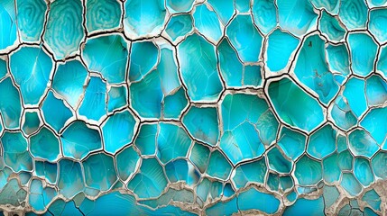 Poster -  A tight shot of a mosaic wall, comprised of assorted blue, green, and white tiles