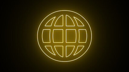 Yellow neon pictogram for a webpage. World web icon, www.earthglobeicons.com, internet symbol for app or website design. Contact icons on a website