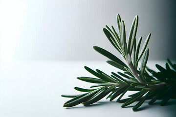 Close-up of aromatic rosemary, showcasing fine, needle-like leaves in shade of pale green. White backdrop whith copyspace enhances herbal focus and rich detail of foliage.