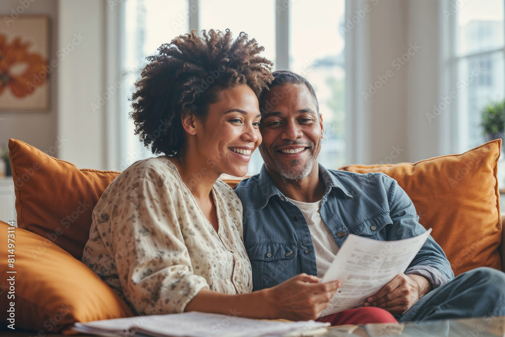 Happy African American wife and husband are sitting on the sofa in the ...