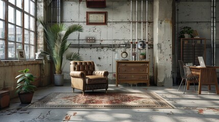 Canvas Print - Cozy Loft Style Interior with Leather Armchair and Vintage Furnishings