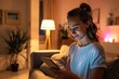 Smart Lighting. Woman using Tablet to Control Light in Living Room of Smart Home