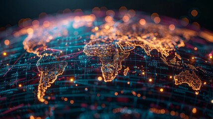 Poster - A digital representation of Earth highlighting continents with orange light.