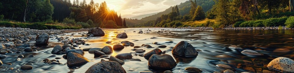 Wall Mural - Nature River. Beautiful Rural Landscape of Forest River at Sunset with Rocks on Shores