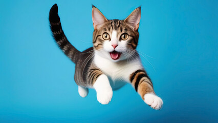 Leaping Cat on a Blue Background: Graceful Feline in Mid-Air