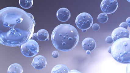 Wall Mural - Molecule inside a liquid bubble. Essence Ball Molecules. Liquid bubbles with particles, cosmetic essence, and water background.