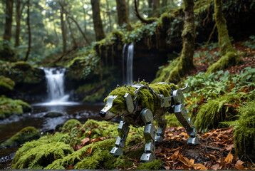 A mossy robot dog that was thrown away in the forest is now alive again