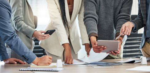 Fototapete - Business, hands and meeting with paperwork for strategy with action plan, decision making and problem solving for budgeting.Corporate, people and technology for online review on company finances.