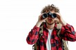 © juliars - Young adult caucasian man wearing a plaid shirt. Isolated on a white background. Using binoculars for observation and exploration with a curious and focused mindset