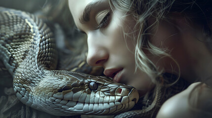 A close up of woman is laying on a bed with a snake on her face
