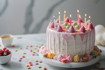 Delicious cake decorated with sweets and candles