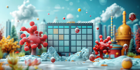 Playful microbial characters in a colorful cityscape setting with calendar grid, suitable for educational and children's content. World Blood Donor Day.