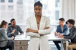 © peopleimages.com - Portrait, business and black woman with arms crossed in boardroom for meeting, planning or feedback. Corporate company, employees and serious female consultant for confidence, proposal or teamwork