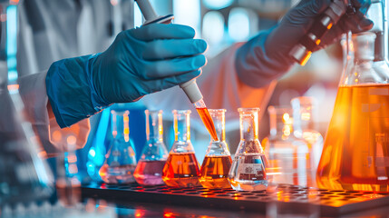 A scientist is working with a variety of colored liquids in test tubes