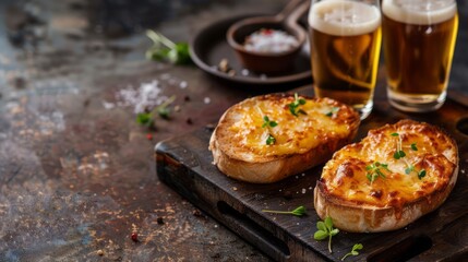 Wall Mural - Welsh Rarebit with beers in a mouthwatering food photography shot