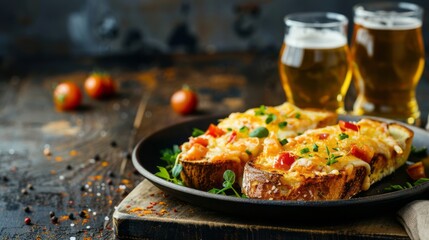 Wall Mural - Welsh Rarebit with beers in a mouthwatering food photography shot