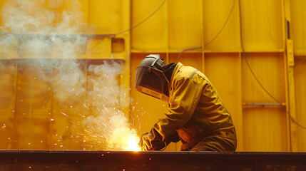 Welder in professional clothing is working welding steel beams, sparks, hot action, yellow wall background