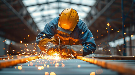 Welder in professional clothing is working welding steel beams, sparks, hot action