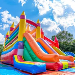 Wall Mural -  Colorful inflatable castles and slides in the park with water
