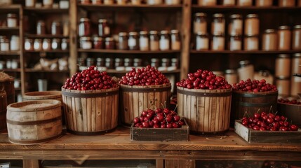 Wall Mural - Ripe cherries in wooden crates  cozy warehouse setting for rustic food advertisement