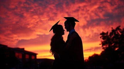 Poster - Graduates embrace each other in celebration, their silhouettes outlined against the backdrop of a colorful sunset.