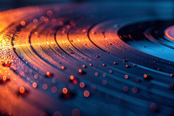 Poster - Rough, textured portrayal of a vinyl record, with grooves glowing in neon colors to represent the enduring impact of rock music,