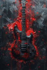 Poster - Rough depiction of an electric guitar with paint splattering from the strings, capturing the dynamic impact of a powerful riff,