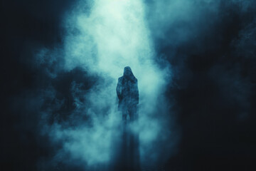 Poster - Dark background with a spotlight beam cutting through fog, focusing on an abstract, energetic figure representing a rock star,
