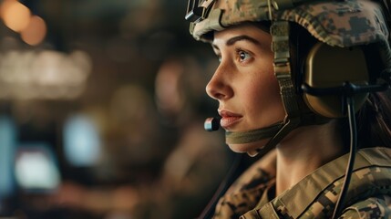 Wall Mural - A military woman seamlessly transitions to a call center environment, demonstrating professionalism and adaptability
